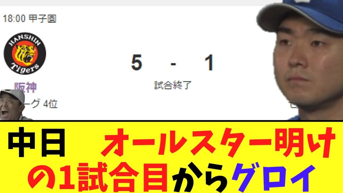 【悲報】中日　オールスター明けの1試合目から阪神に格の違いを見せつけられ借金８