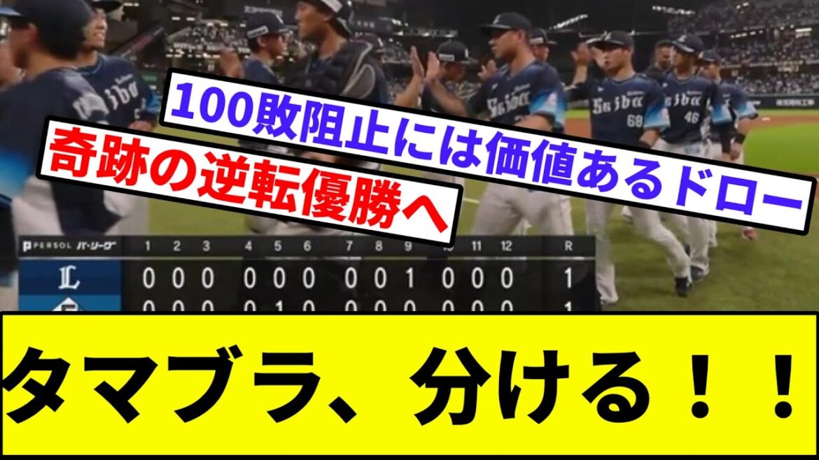 【100敗阻止へ大きな一歩】タマブラ、大引き分け！！！【なんJ反応】【プロ野球反応集】【2chスレ】【1分動画】【5chスレ】【日本ハム】【加藤】【西武ライオンズ】【パリーグ】