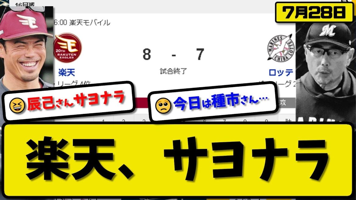 【2位vs4位】楽天イーグルスがロッテマリーンズに8-7で勝利…7月28日6点差逆転でサヨナラ勝ち貯金1…先発荘司4回2失点…中島&村林&小郷&黒川&辰己サヨナラ打の活躍【最新・反応集・なんJ】