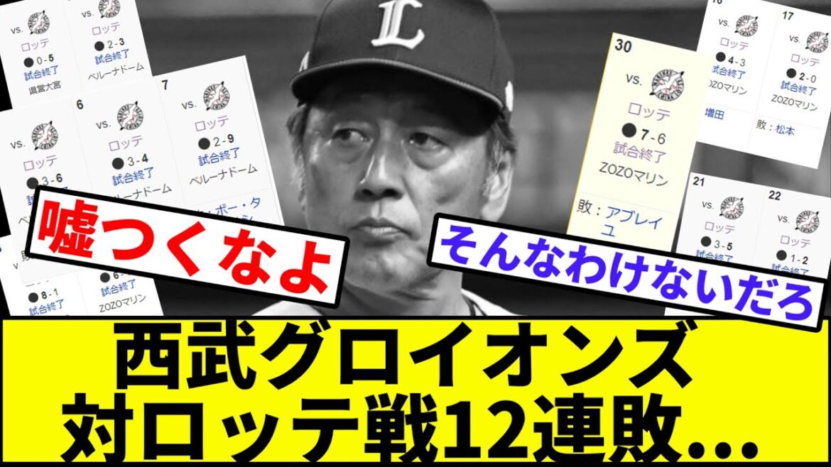 【明日歴史的瞬間が見れるのか…】西武グロイオンズ、対ロッテ戦12連敗...【なんJ反応】【プロ野球反応集】【2chスレ】【1分動画】【5chスレ】【ライオンズ】【タマブラ】【マリーンズ】【パリーグ】