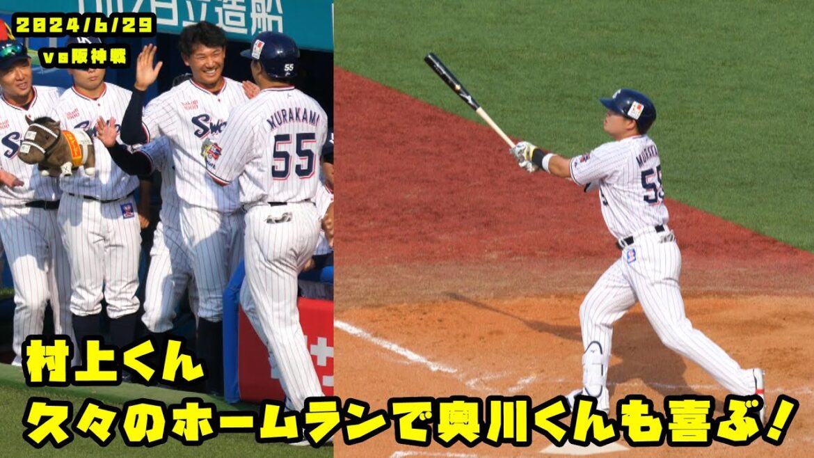 村上くん　久々のホームランで追加点！！奥川くんともハイタッチ！！　2024/6/29 vs阪神