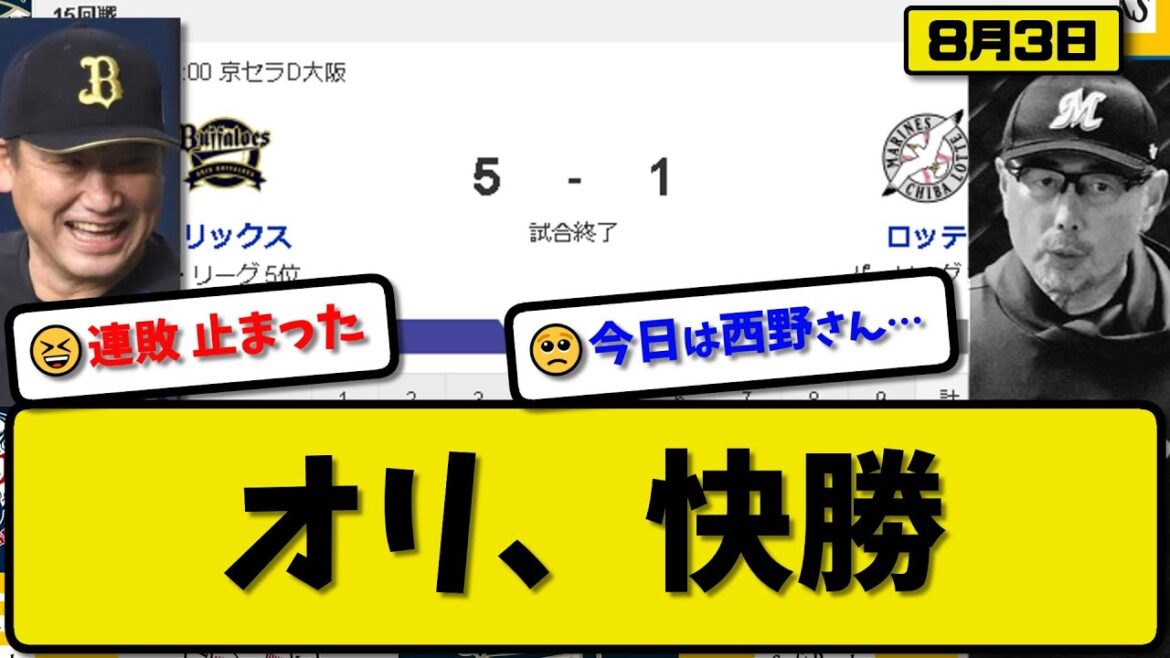 【2位vs5位】オリックスバファローズがロッテマリーンズに5-1で勝利…8月3日連敗を10で止める…先発田嶋8回1失点5勝目…紅林&西川&来田が活躍【最新・反応集・なんJ・2ch】プロ野球