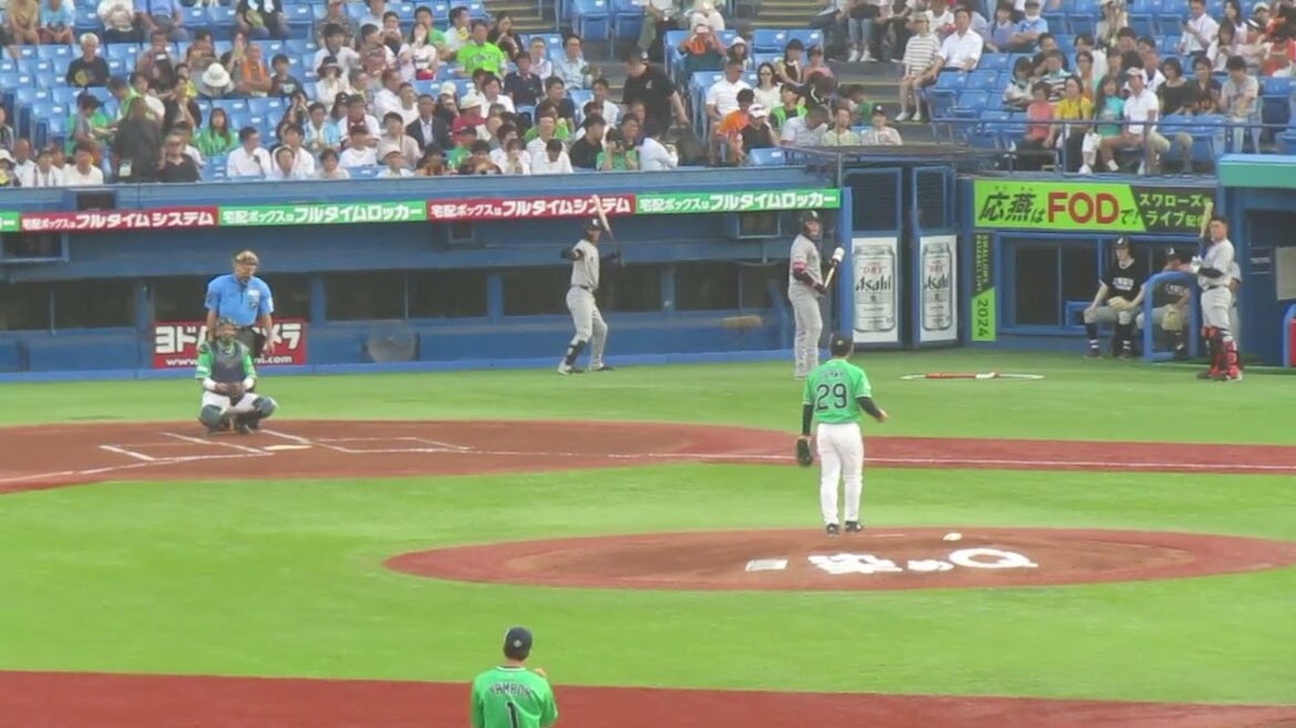 小川泰弘の投球練習にタイミングを合わせる丸佳浩や吉川尚輝（ヤクルトスワローズ対 読売ジャイアンツ 2024年7月5日）