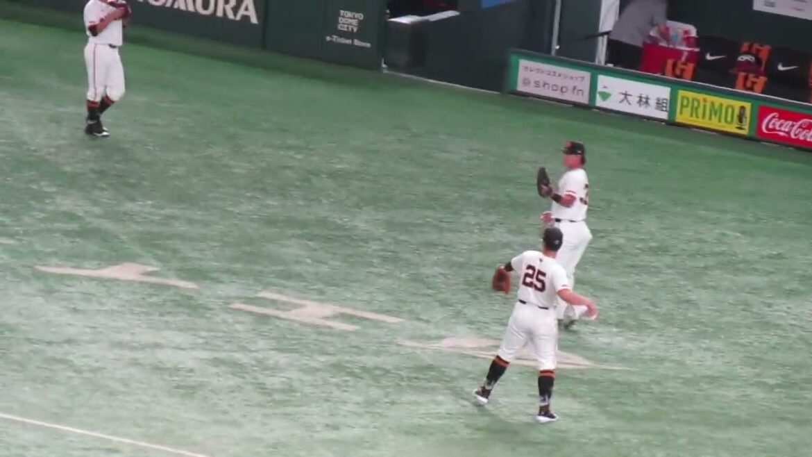 キャッチボールする岡本和真や若林楽人など（ 読売ジャイアンツ対 ヤクルトスワローズ 2024年8月2日）
