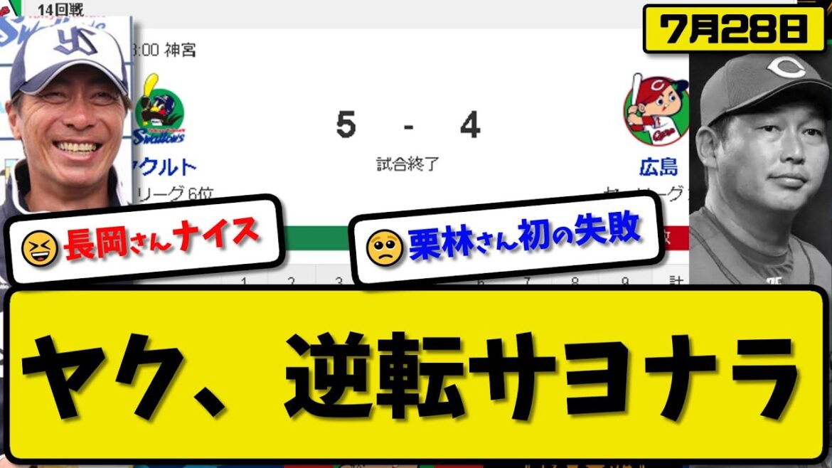 【2位vs6位】ヤクルトスワローズが広島カープに5-4で勝利…7月28日今季5度目サヨナラ勝ち…先発阪口3.2回3失点…赤羽&山田&長岡逆転サヨナラ打の活躍【最新・反応集・なんJ・2ch】プロ野球
