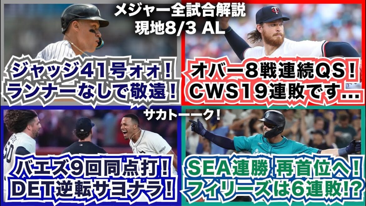 【AL8/3】ジャッジ41号！ランナーなしで敬遠！B.オバー8戦連続QS！ホワイトソックス19連敗！バエズ9回同点だ！DET逆転サヨナラ！マリナーズ連勝再び首位へ！フィリーズは6連敗！？