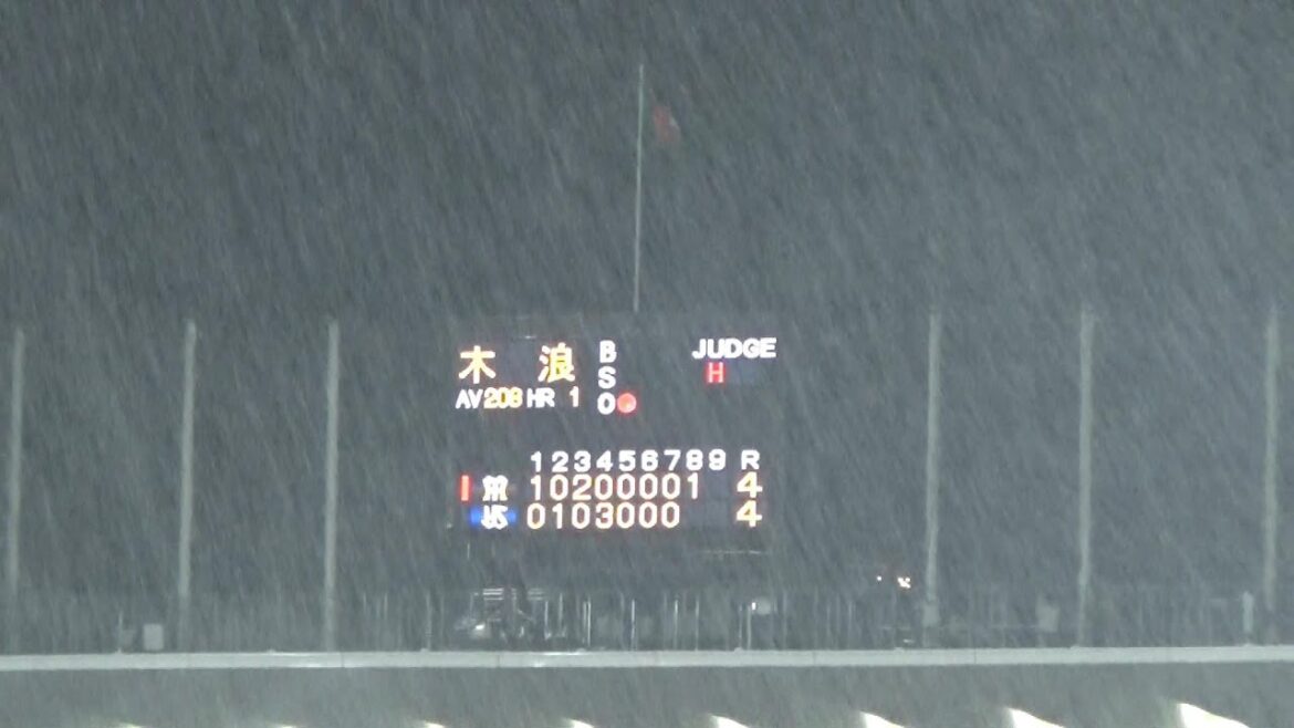 【ゲリラ豪雨】阪神タイガース・木浪聖也のタイムリー内野安打で同点に追いつく＠神宮