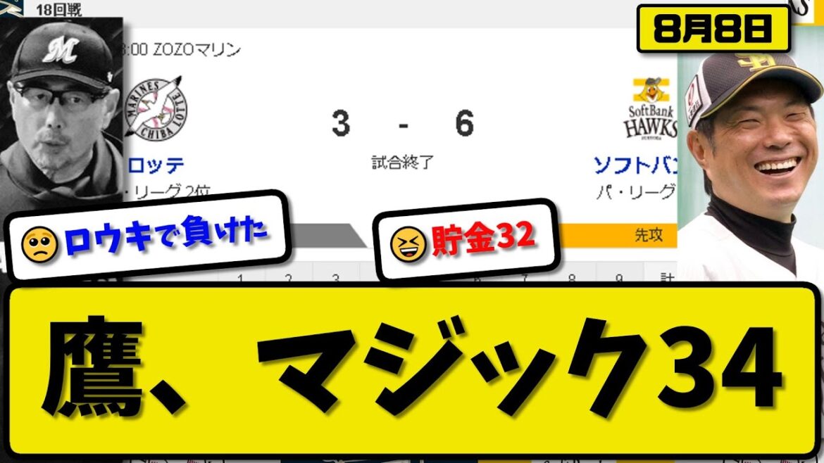 【1位vs2位】ソフトバンクホークスがロッテマリーンズに6対3で勝利…8月8日6カード連続勝ち越し貯金32マジック34…先発石川5回無失点3勝目…正木&牧原&柳町&栗原が活躍【最新・反応集・なんJ】
