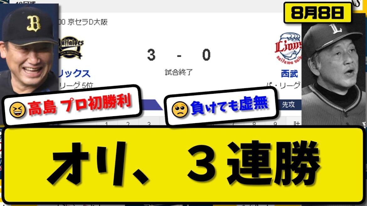 【5位vs6位】オリックスバファローズが西武ライオンズに3-0で勝利…8月8日完封勝ちで3連勝…先発高島5回3失点プロ初勝利…紅林&森が活躍【最新・反応集・なんJ・2ch】プロ野球