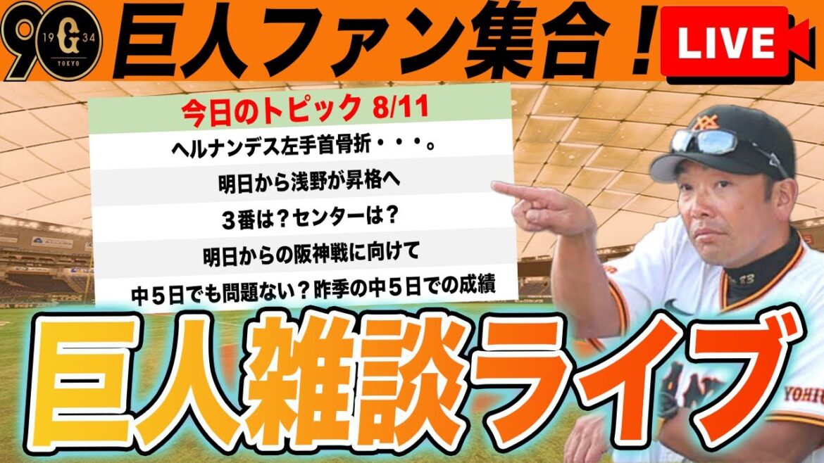 【緊急事態・巨人ファン集合】ヘルナンデス骨折・・・長期離脱へ。代役や明日からの阪神戦に向けてなど巨人雑談ライブ 読売ジャイアンツ 【緊急事態・巨人ファン集合】ヘルナンデス骨折・・・長期離脱へ。代役や明日からの阪神戦に向けてなど巨人雑談ライブ 読売ジャイアンツ