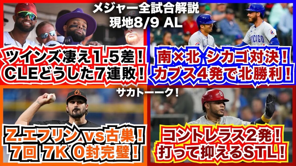 【AL8/9】ツインズ凄え1.5差！南北シカゴ対決！カブス4発で北勝利！Z.エフリンvs古巣！7回7K0封で完璧！コントレラス2発！打って抑えるカージナルス！