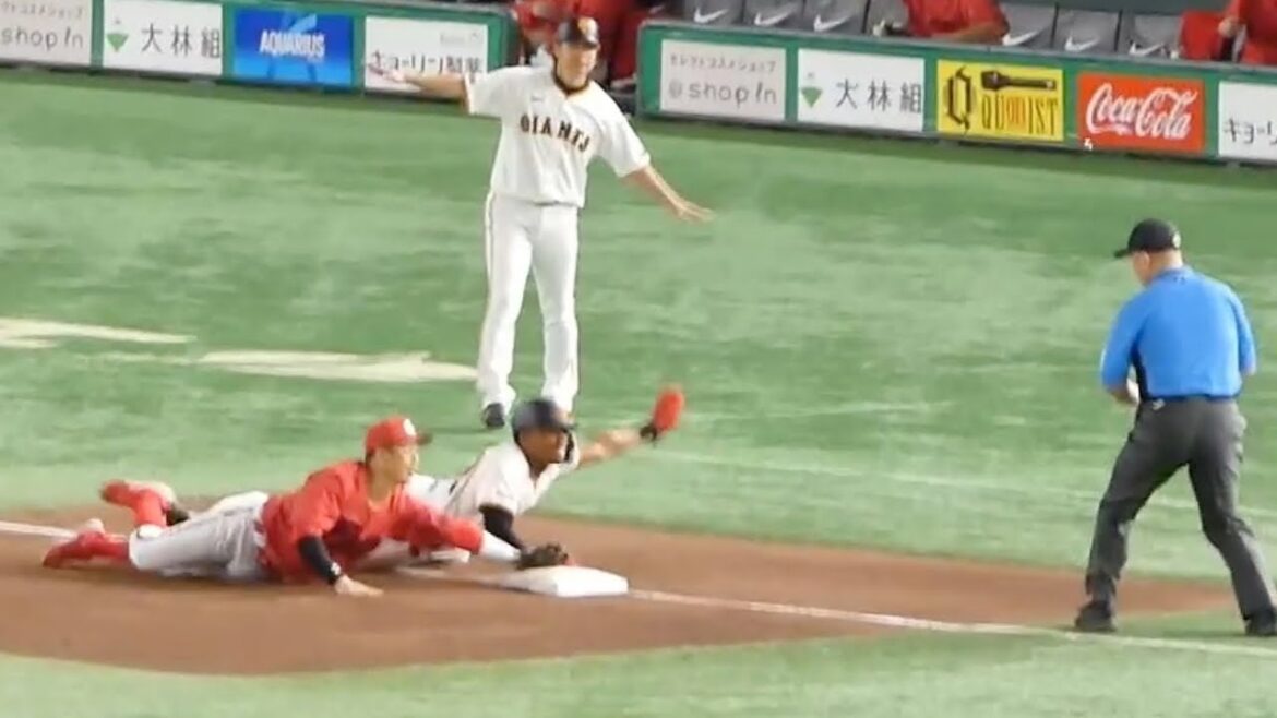 7回小園海斗、サードライナーからゲッツー完成！リクエスト判定も覆らず...セーフを確信した巨人ファンは大ブーイング(リクエスト中の菊池&岡本の仲)！2024年8月7日