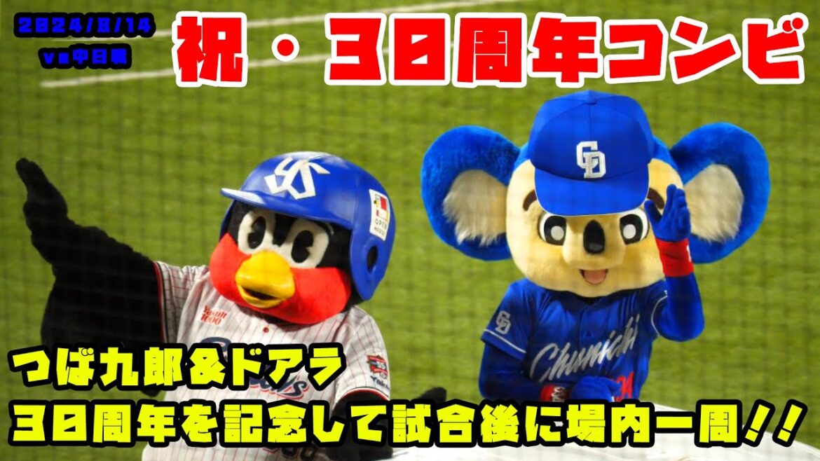 つば九郎&ドアラ 30周年を記念して場内一周! 2024/8/14 vs中日 つば九郎&ドアラ 30周年を記念して場内一周! 2024/8/14 vs中日