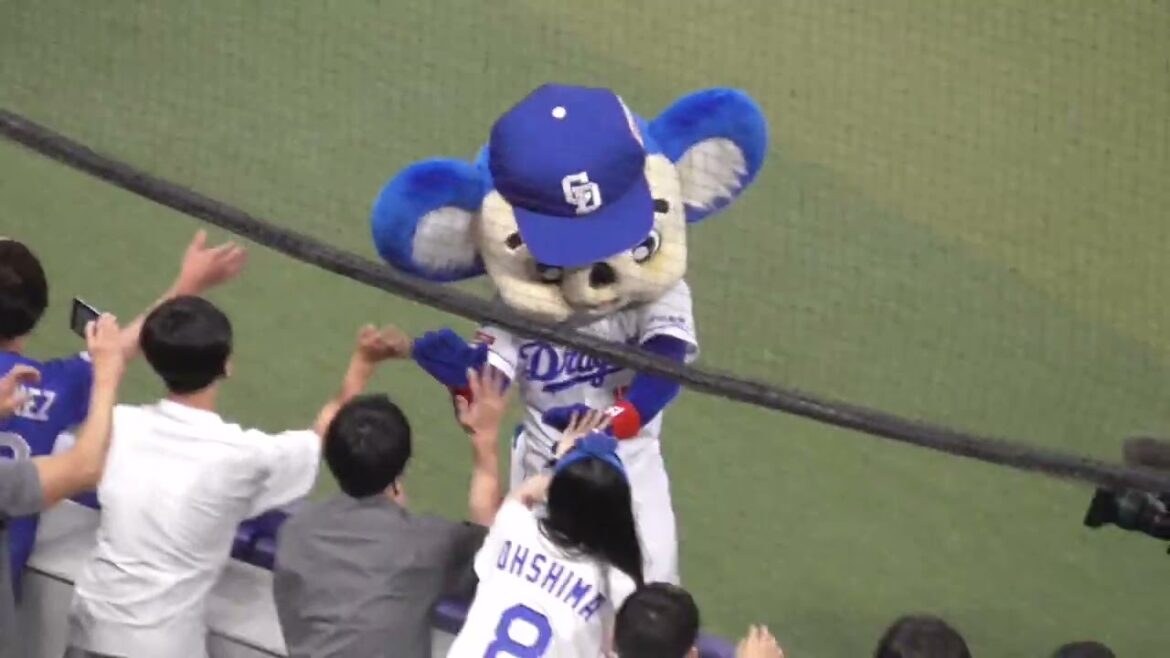 ファンと勝利を分かち合うドアラ！と石川昂弥と橋本侑樹！