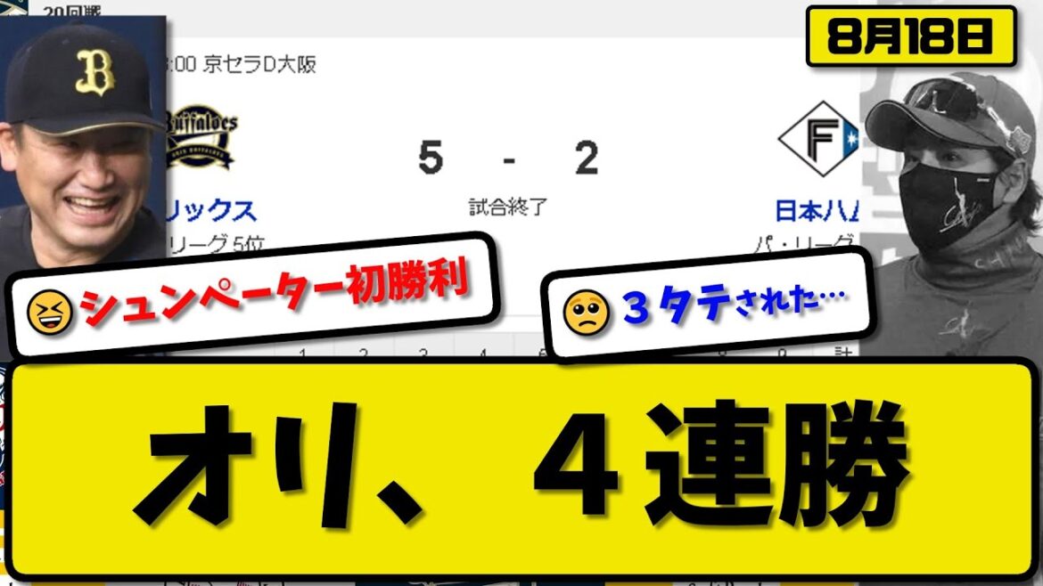 【2位vs5位】オリックスバファローズが日本ハムファイターズに5-2で勝利…8月18日逆転勝ち3タテで4連勝…先発山下5回1失点初勝利…森&杉本が活躍【最新・反応集・なんJ・2ch】プロ野球