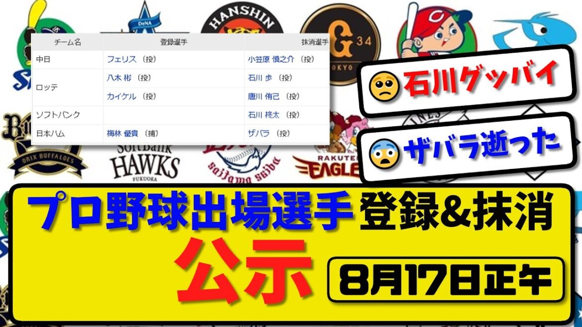 【公示】プロ野球 出場選手登録＆抹消 公示8月17日正午発表｜中日小笠原 ロッテ石川&唐川 ソフ石川 ハムザバラら抹消|中日フェリス ロッテ八木 ハム梅林ら登録【最新・まとめ・反応集・なんJ・2ch】