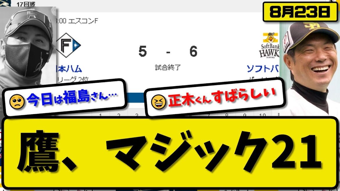 【1位vs2位】ソフトバンクホークスが日本ハムファイターズに6-5で勝利…8月23日逆転勝ち貯金34優勝マジック21…先発有原6回5失点…栗原&山川&周東&牧原&柳町&正木が活躍【最新・反応集】