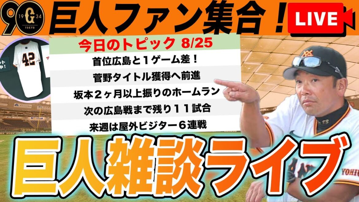 【祝勝会・巨人ファン集合】首位広島に１ゲーム差！来週は屋外ビジター６連戦！優勝争いに向けてなど巨人雑談ライブ　読売ジャイアンツ