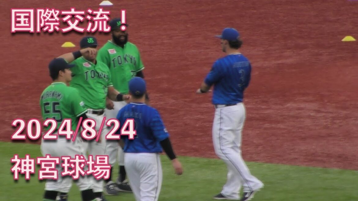 交流する村上宗隆、サンタナ、オスナ、オースティン、牧秀吾 20240824