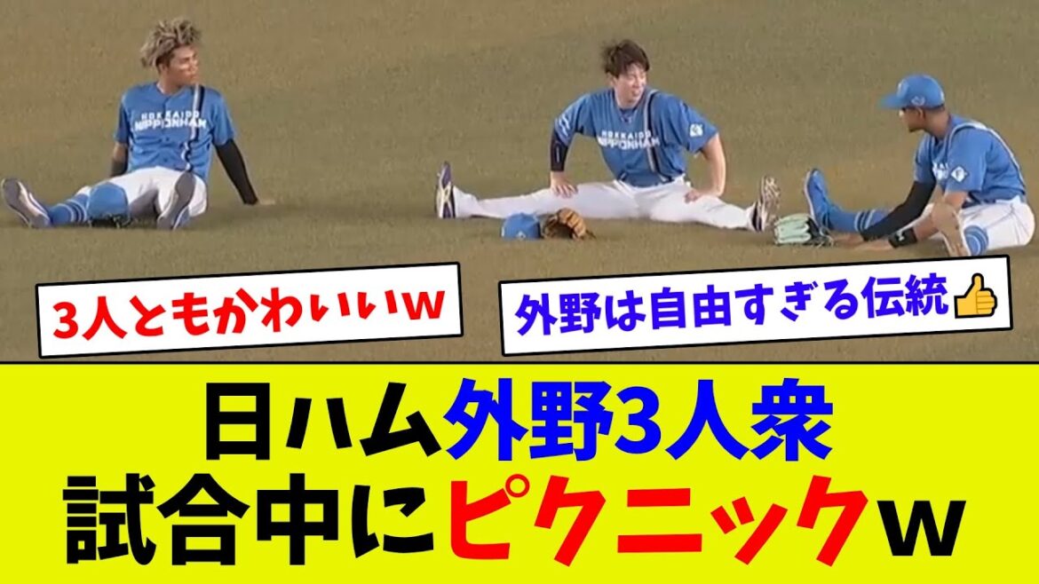 【かわいいにもほどがあるｗ】日ハム外野3人衆が試合中に芝生でのんびりしてしまうｗ　日ハム外野の伝統ｗ