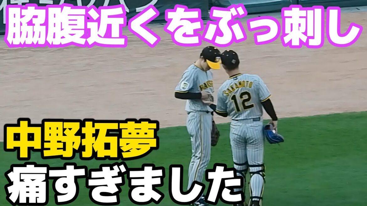 【痛み感じちゃった…】坂本に右脇腹を突かれビックリしつつ痛がる中野拓夢2024.8.23