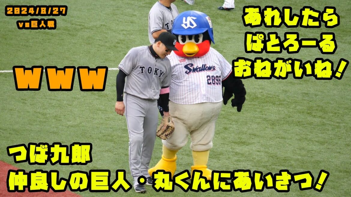 つば九郎　仲良しの巨人・丸くんにあいさつ！ムーチョとも談笑！　2024/8/27 vs巨人