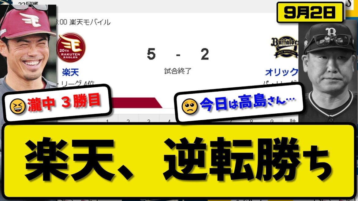 【4位vs5位】楽天イーグルスがオリックスバファローズに5-2で勝利…9月2日逆転勝ちで勝率5割…先発瀧中6回2失点3勝目…小郷&小深田&村林&辰己が活躍【最新・反応集・なんJ・2ch】プロ野球