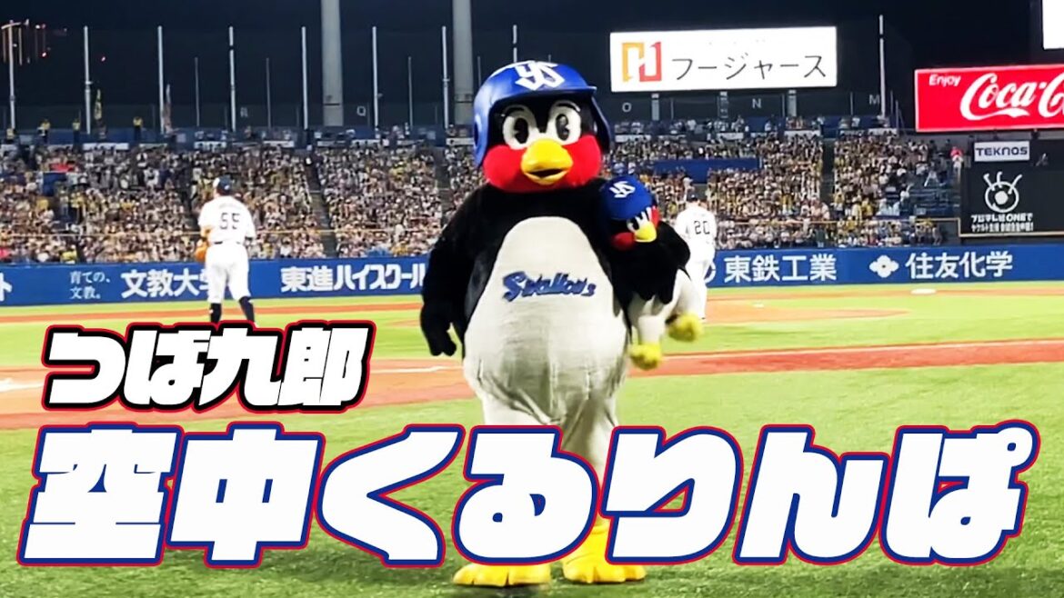 頭に直撃！つば九郎空中くるりんぱ｜2024年9月7日 阪神タイガース戦（神宮球場）