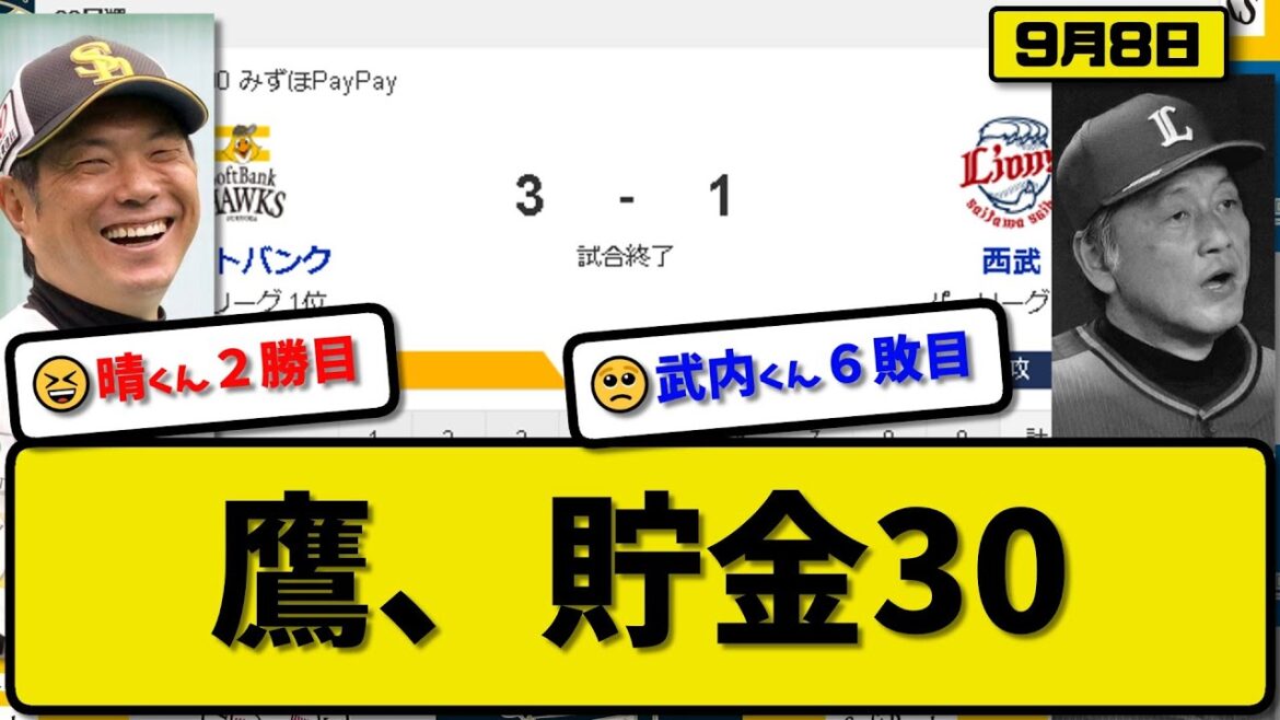 【1位vs6位】ソフトバンクホークスが西武ライオンズに3-1で勝利…9月8日逃げ切り連敗を４でストップ貯金30…先発松本晴5.2回1失点２勝目…甲斐&近藤が活躍【最新・反応集・なんJ・2ch】プロ野球