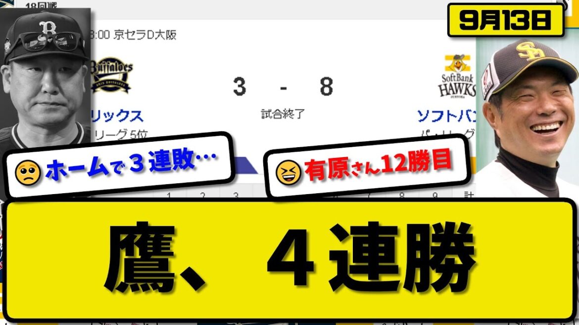 【1位vs5位】ソフトバンクホークスがオリックスバファローズに8-3で勝利…9月13日4連勝で優勝マジック10…先発有原7回2失点12勝目…栗原&今宮&周東&山川&正木&近藤が活躍【最新・反応集】