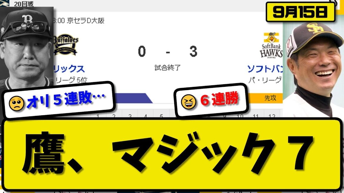 【1位vs5位】ソフトバンクホークスがオリックスバファローズに3-0で勝利…9月15日６連勝で80勝目優勝マジック7…先発大津8回無失点…栗原&山川が活躍【最新・反応集・なんJ・2ch】プロ野球