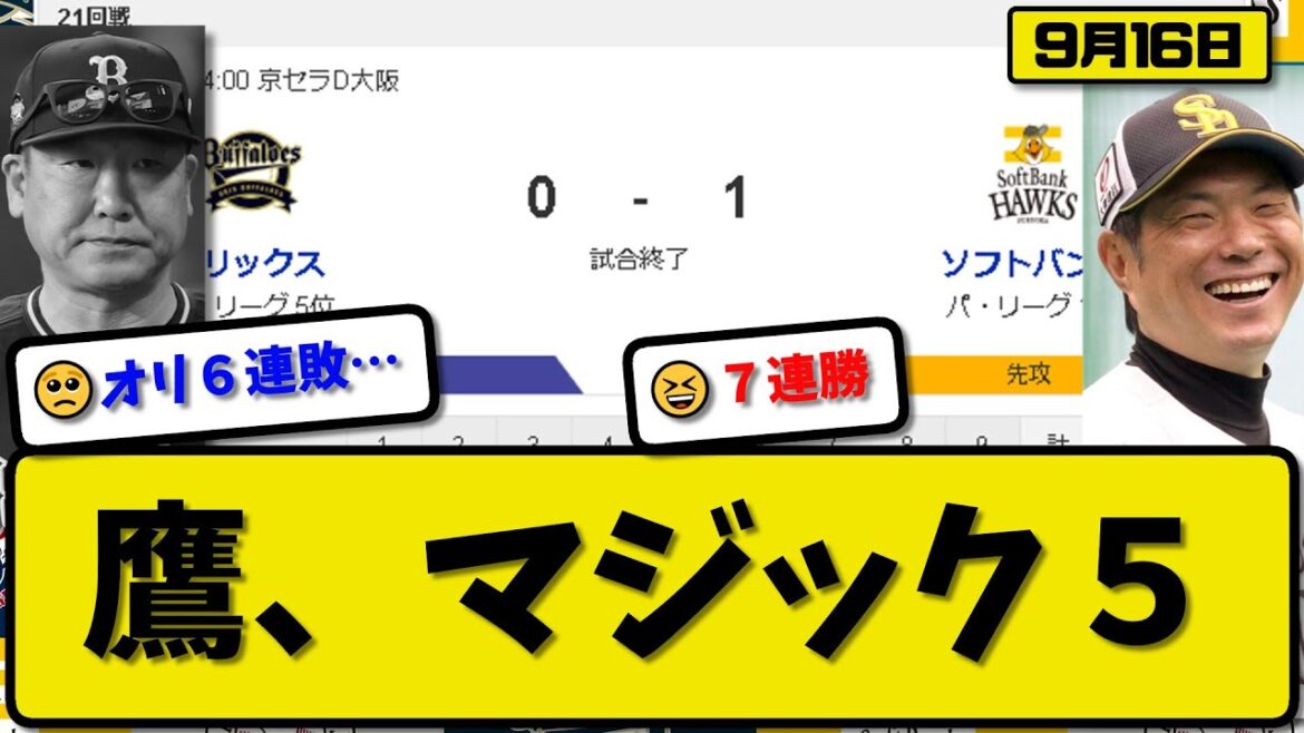 【1位vs5位】ソフトバンクホークスがオリックスバファローズに1-0で勝利…9月16日完封勝ちで7連勝優勝マジック5…先発石川7回無失点6勝目…石塚が決勝犠飛の活躍【最新・反応集・なんJ・2ch】