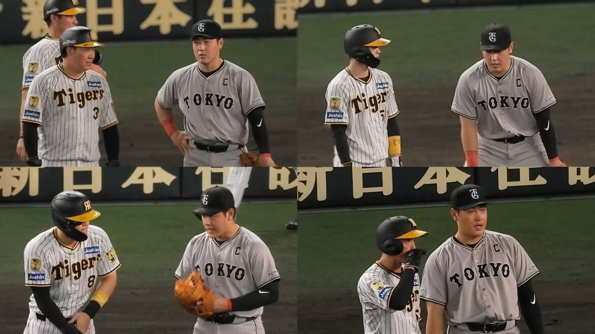 【恒例のお喋りタイム】岡本和真、塁上に阪神の選手がたくさんやって来て楽しそうに話しかけまくってしまう 2024.9.22