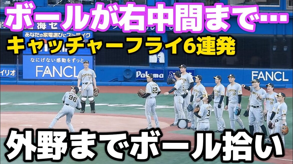 【今日はノック絶不調や…】まさかの右中間フェンス手前までキャッチャーフライを飛ばしてしまった筒井コーチ。ボールを拾ってきた熊谷に阪神ナインがお疲れさまの拍手