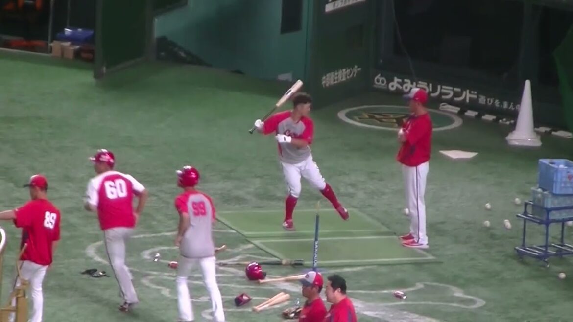 上本崇司 試合前のトスバッティング（2024年8月20日 読売ジャイアンツ 対 広島カープ）