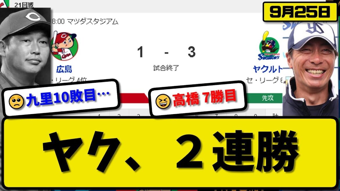 【4位vs6位】ヤクルトスワローズが広島カープに3-1で勝利…9月25日勝ち切り２連勝…先発高橋6回無失点7勝目…オスナ&西川&川端が活躍【最新・反応集・なんJ・2ch】プロ野球