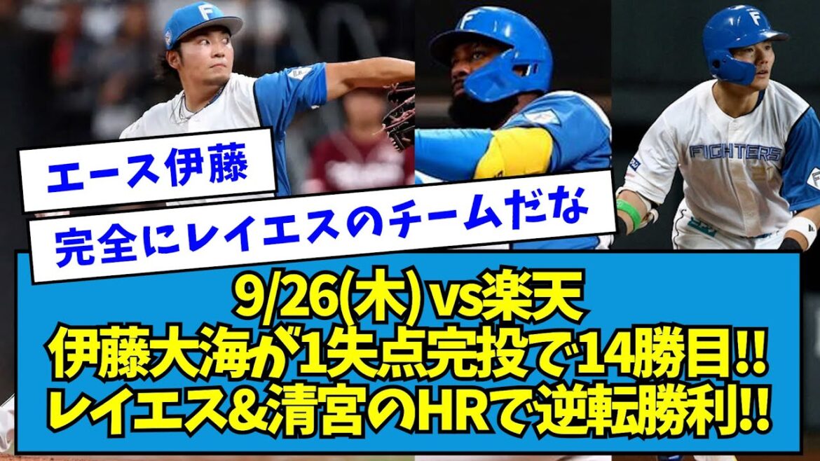 【これぞエース】9/26(木) vs楽天 伊藤大海が1失点完投で14勝目!!レイエス&清宮のHRで逆転勝利!!【なんJ反応】 【これぞエース】9/26(木) vs楽天 伊藤大海が1失点完投で14勝目!!レイエス&清宮のHRで逆転勝利!!【なんJ反応】