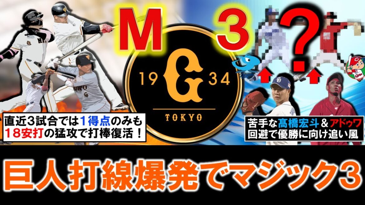 【どんどん巨人有利に...！？】巨人が今季最多タイ１８安打＆先発全員安打の猛攻でマジック３に！日に日に優勝に近づく中で、苦手な中日『髙橋宏斗』＆広島『アドゥワ』回避でさらに巨人に追い風に！？