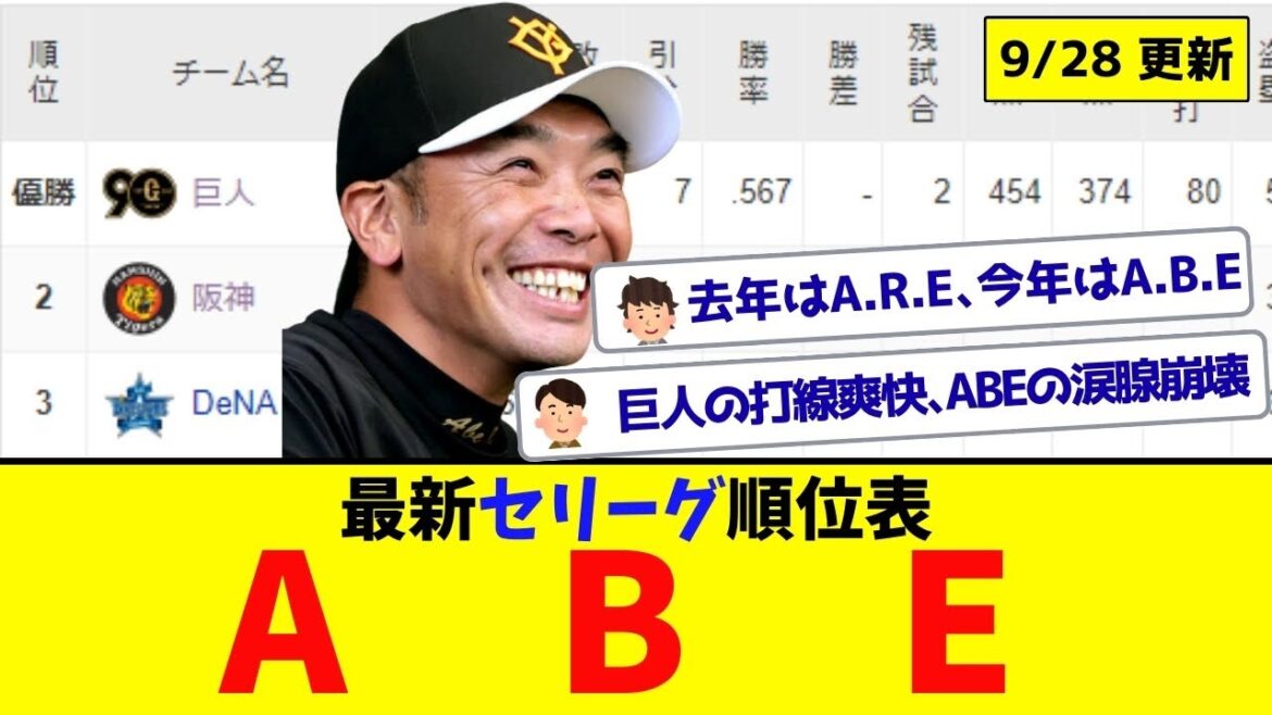 【9月28日】最新セリーグ順位表 ～ABE～