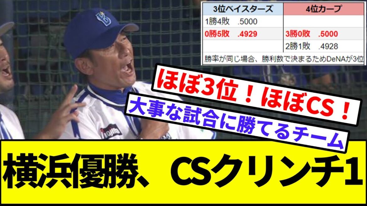 【あと1勝へ】横浜優勝、CSクリンチ1【なんJ反応】【プロ野球反応集】【2chスレ】【1分動画】【5chスレ】【ディアス】【ジャクソン】【横浜DeNAベイスターズ】【広島カープ】【勝ち切る覚悟】