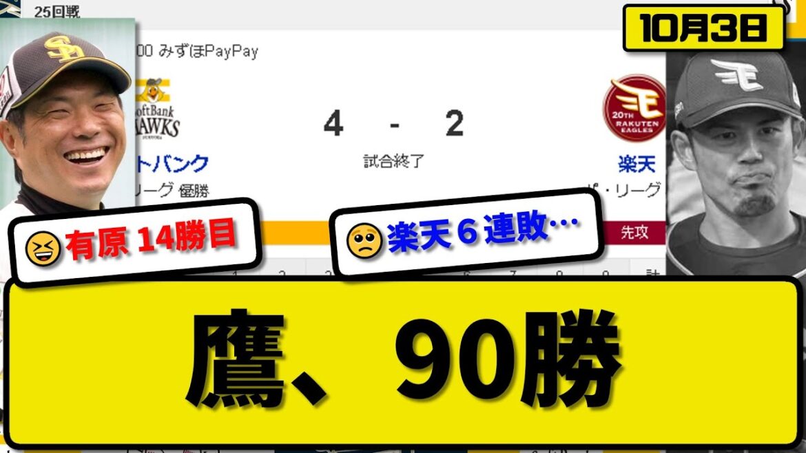 【1位vs4位】ソフトバンクホークスが楽天イーグルスに4-2で勝利…10月3日3連勝で7年ぶり90勝目貯金41…先発有原7回2失点14勝目…栗原&山川&正木が活躍【最新・反応集・なんJ・2ch】