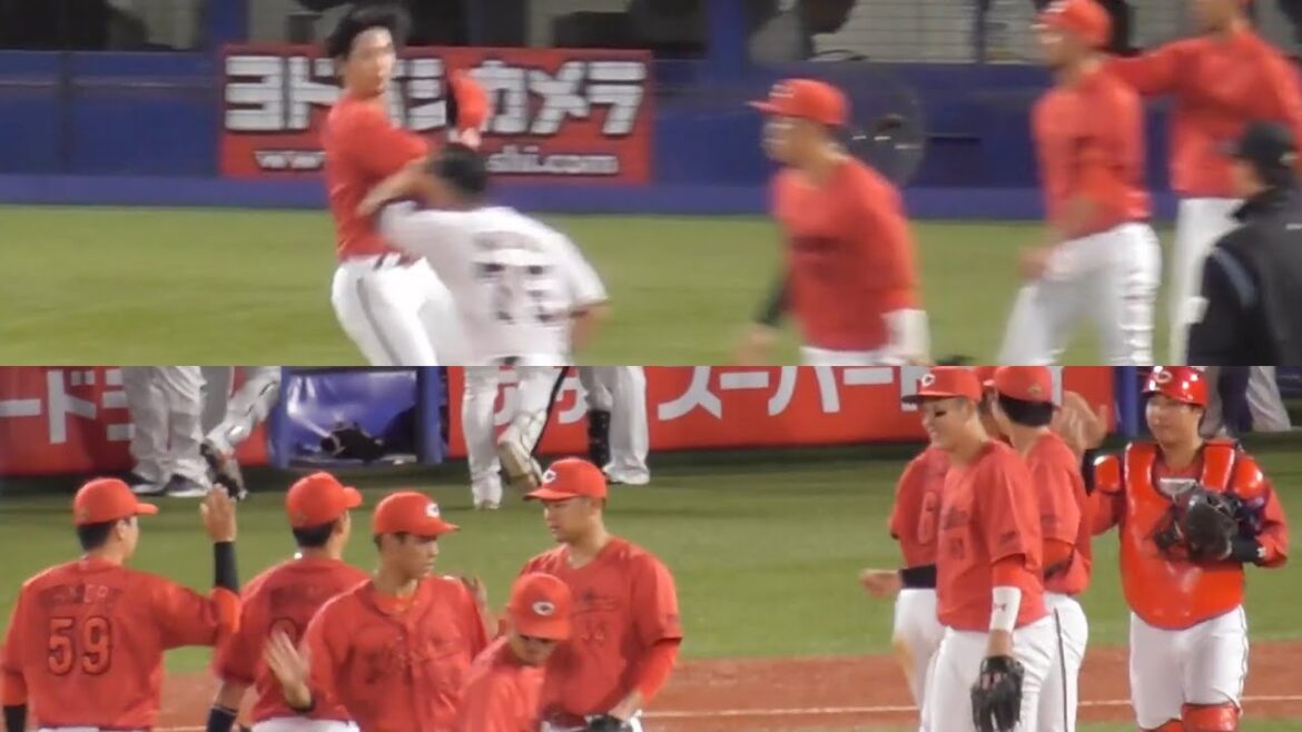 締めたのに普通にベンチへ帰る森浦大輔！慌てて勝利のハイタッチの輪へ！広島カープ勝利の瞬間ハイライト！2024年10月3日