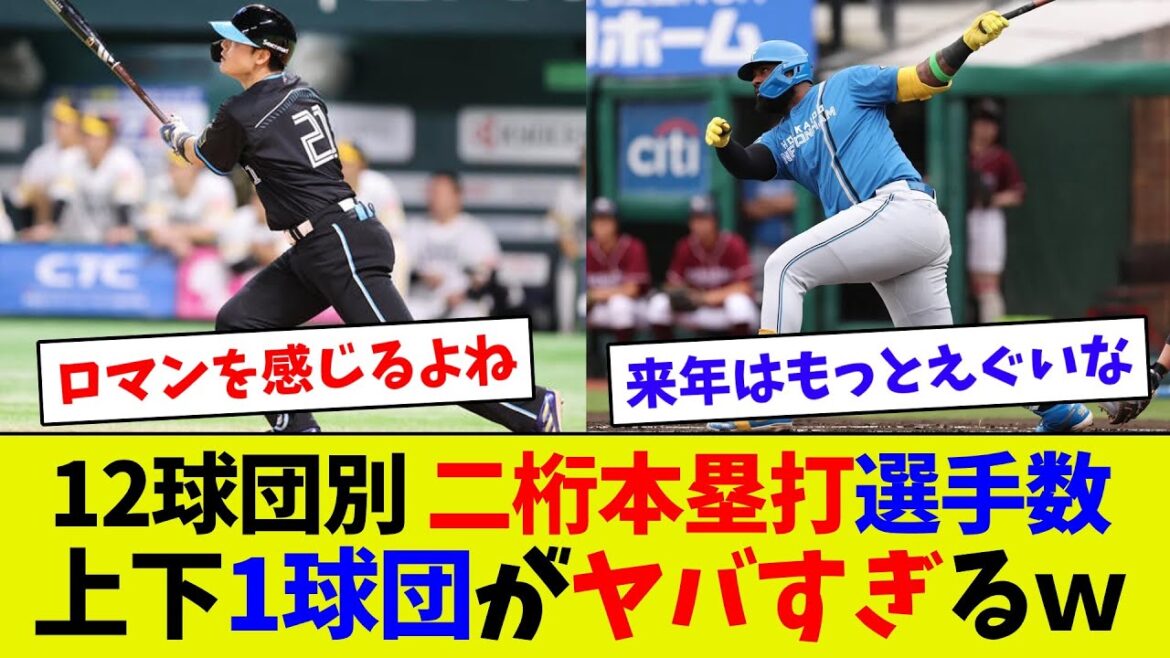 【10人くらいいけそうｗ】球団別、二桁本塁打選手数ランキング！　上下1チームがヤバすぎる！！