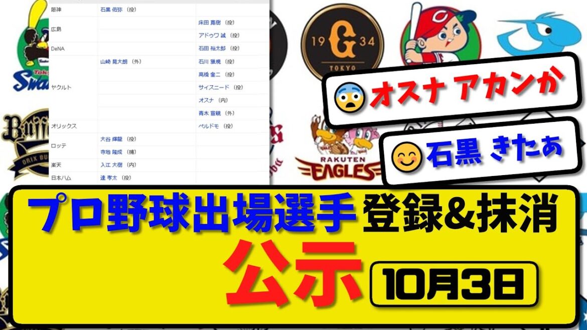【公示】プロ野球 出場選手登録＆抹消 公示10月3日発表｜広島床田アドゥワ 横浜石田 ヤク石川高橋サイスニオスナ青木ら抹消|阪神石黒 ヤク山崎 ロッテ大谷寺地 楽天入江ら登録【最新・まとめ・反応集】