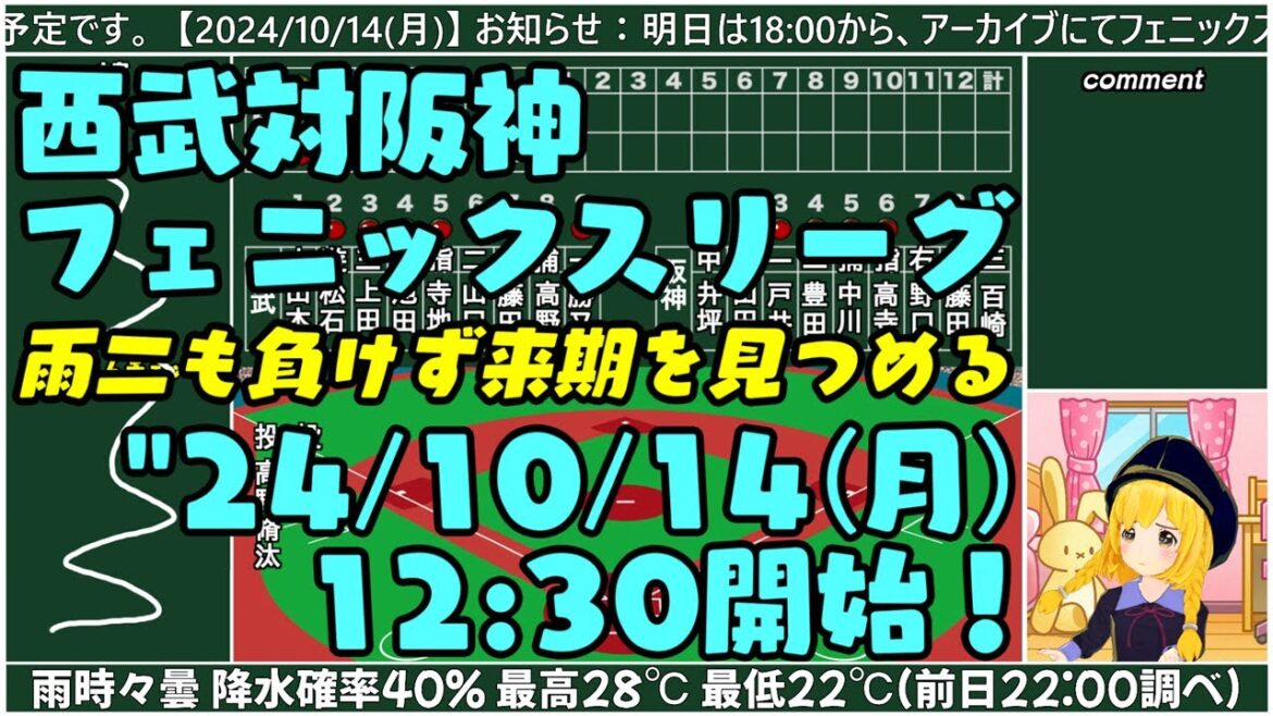 【阪神フェニックスリーグ】"24/10/14(月) 西武対阪神 雨にも負けず来期を見つめる part2【 まいちゃんラジオアーカイブ同時視聴ライブ！】