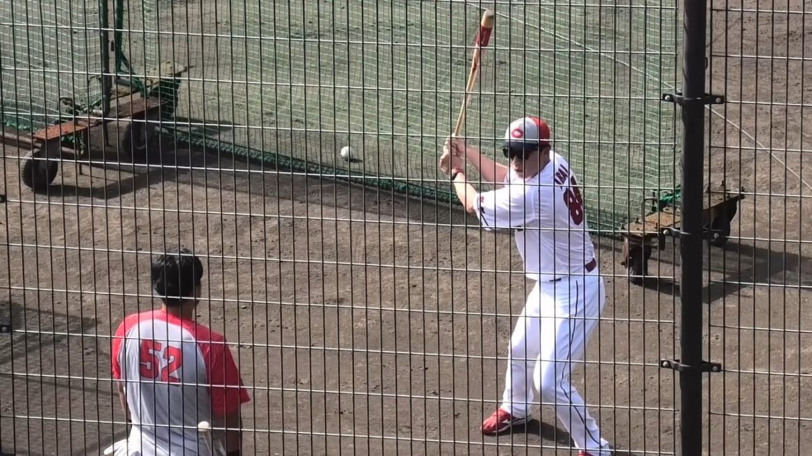 末包、矢野、仲田に身振り手振りでアドバイスをする新井良太コーチ！広島東洋カープ秋季日南キャンプ！2024年11月4日