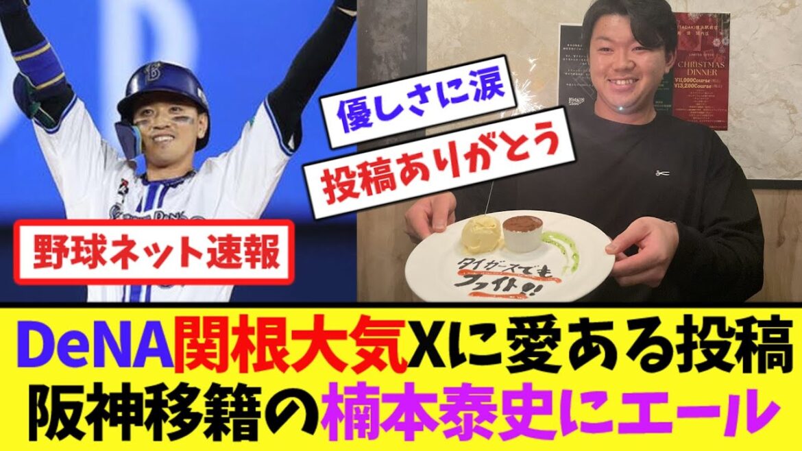 DeNA関根大気、Xに愛ある投稿!阪神移籍の楠本泰史にエール【ネット反応集】 DeNA関根大気、Xに愛ある投稿!阪神移籍の楠本泰史にエール【ネット反応集】