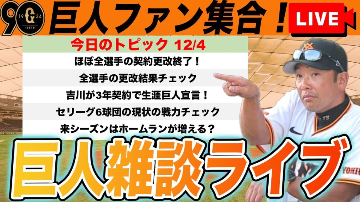 【巨人ファン集合】契約更改ほぼ終了、セリーグ６球団の現有戦力チェック、最近のプロ野球の話題など雑談ライブ　読売ジャイアンツ