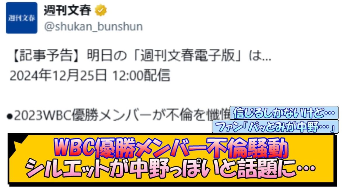 WBC優勝メンバー不倫騒動 シルエットが中野っぽいと話題に…【なんJ/2ch/5ch/ネット 反応 まとめ/阪神タイガース/藤川球児】