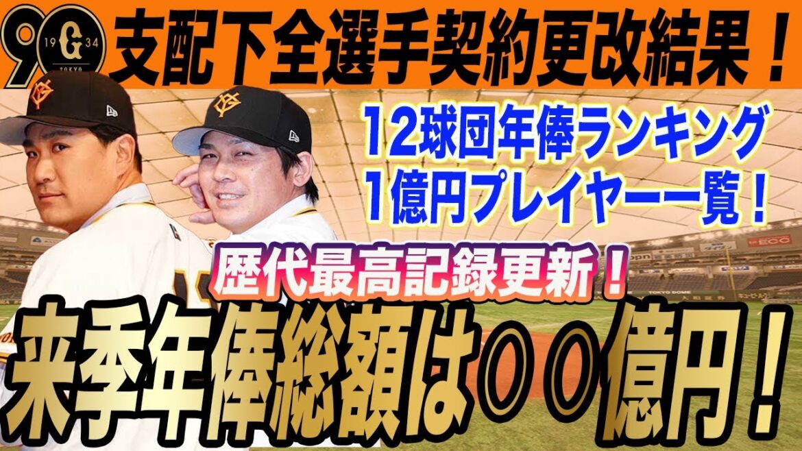 【巨人】来季の年俸総額は歴代最高額に！全選手契約更改結果と12球団年俸ランキングも！甲斐は5年総額15億円！　　読売ジャイアンツ